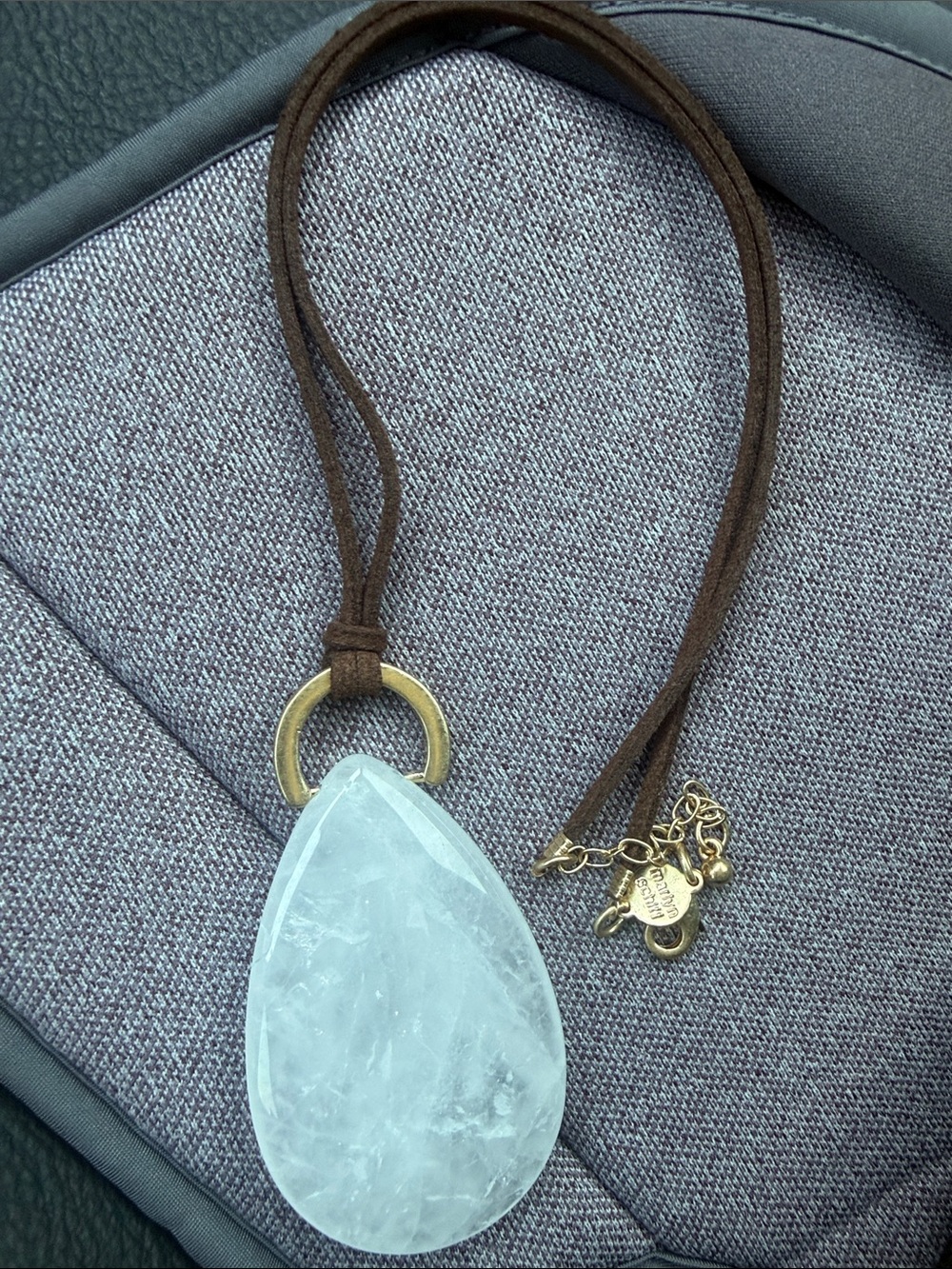 Marlyn Schiff Clear Teardrop Pendant on Brown Suede Cord